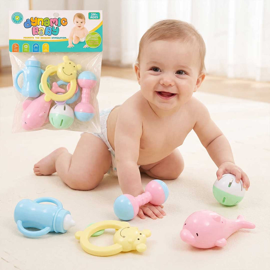 Dynamic Baby Rattles Set – 5-Piece Pastel Sensory & Teether Kit